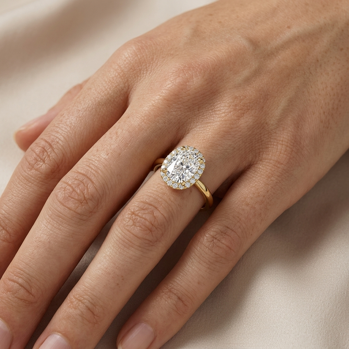 Elongated cushion diamond halo engagement ring, detail view