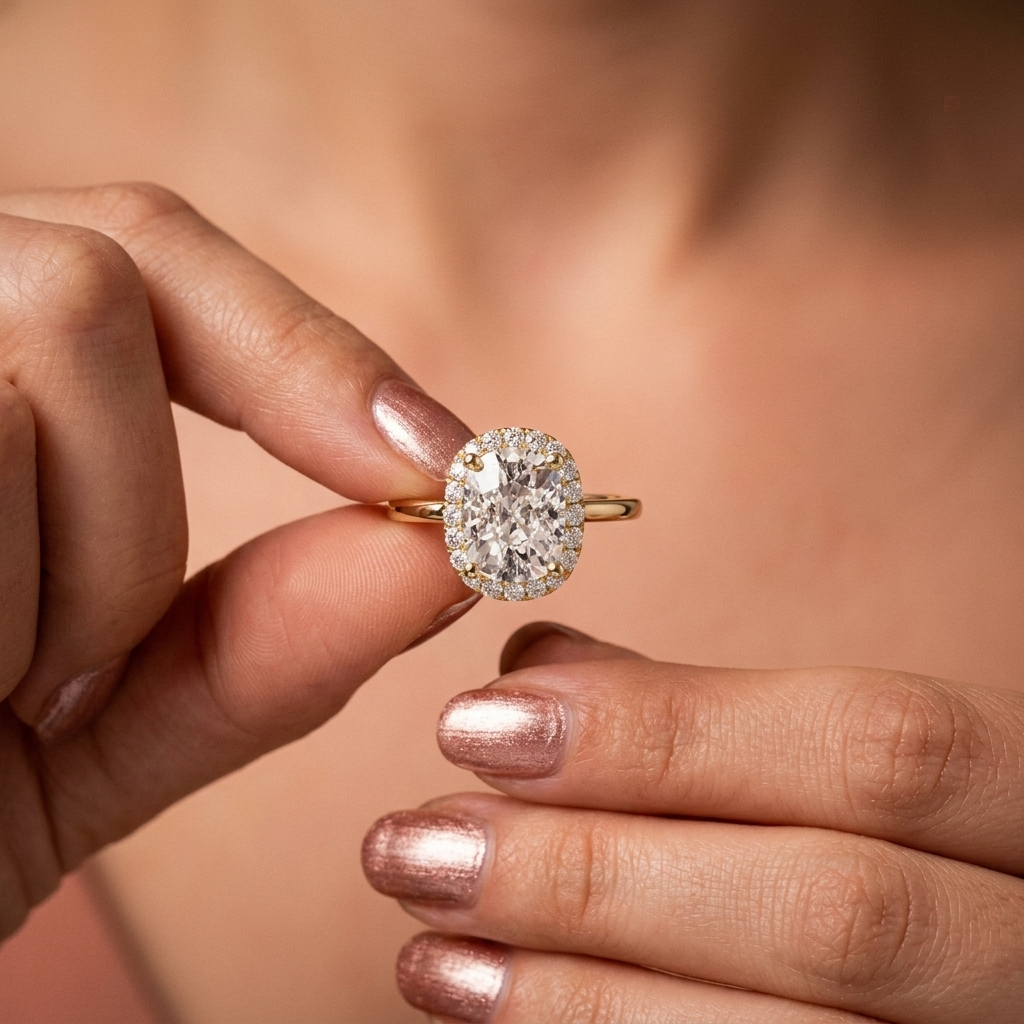 Elongated cushion diamond halo engagement ring, additional view