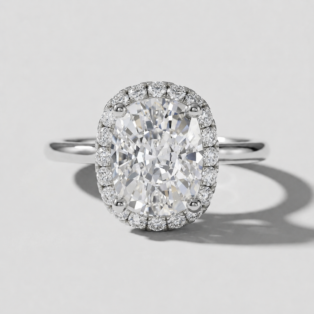 Elongated cushion diamond halo engagement ring, alternate view