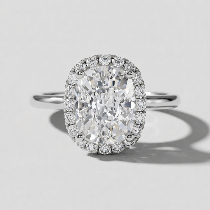 Elongated cushion diamond halo engagement ring, alternate view
