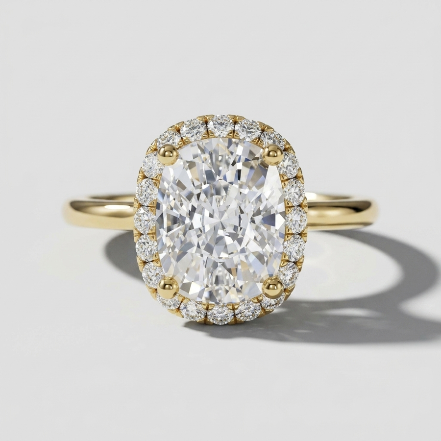 Elongated cushion diamond halo engagement ring on a petite band