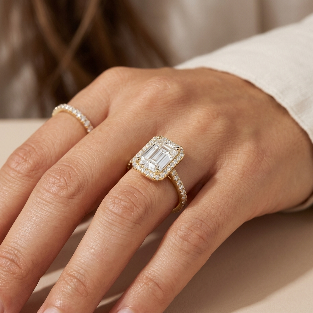 Emerald cut diamond halo engagement ring, alternate view