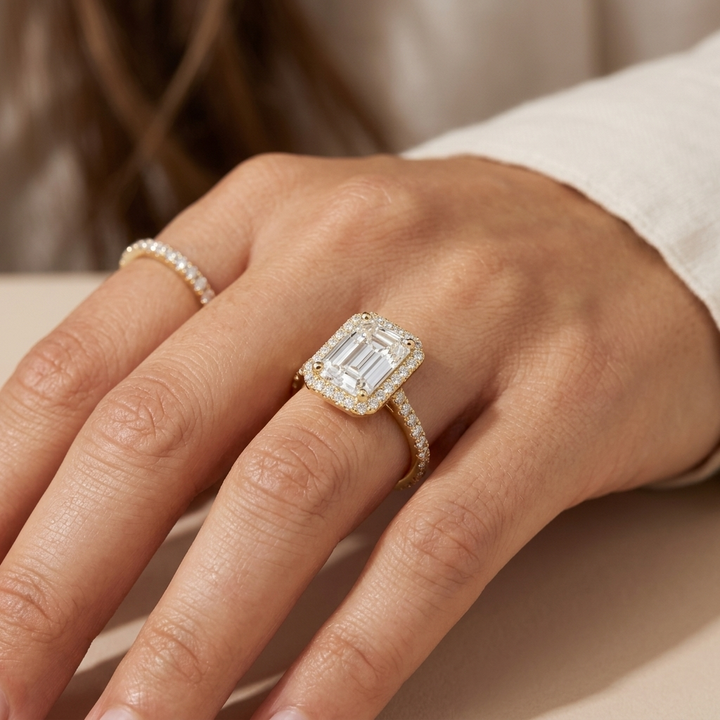Emerald cut diamond halo engagement ring, alternate view
