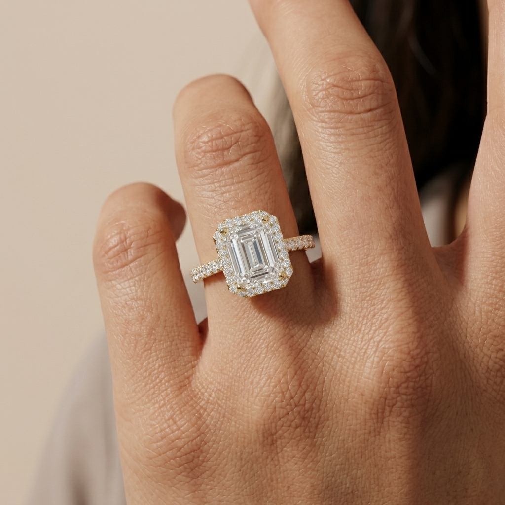 Emerald cut diamond halo engagement ring, detail view