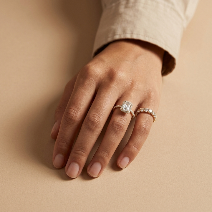 Emerald cut diamond halo engagement ring, additional view
