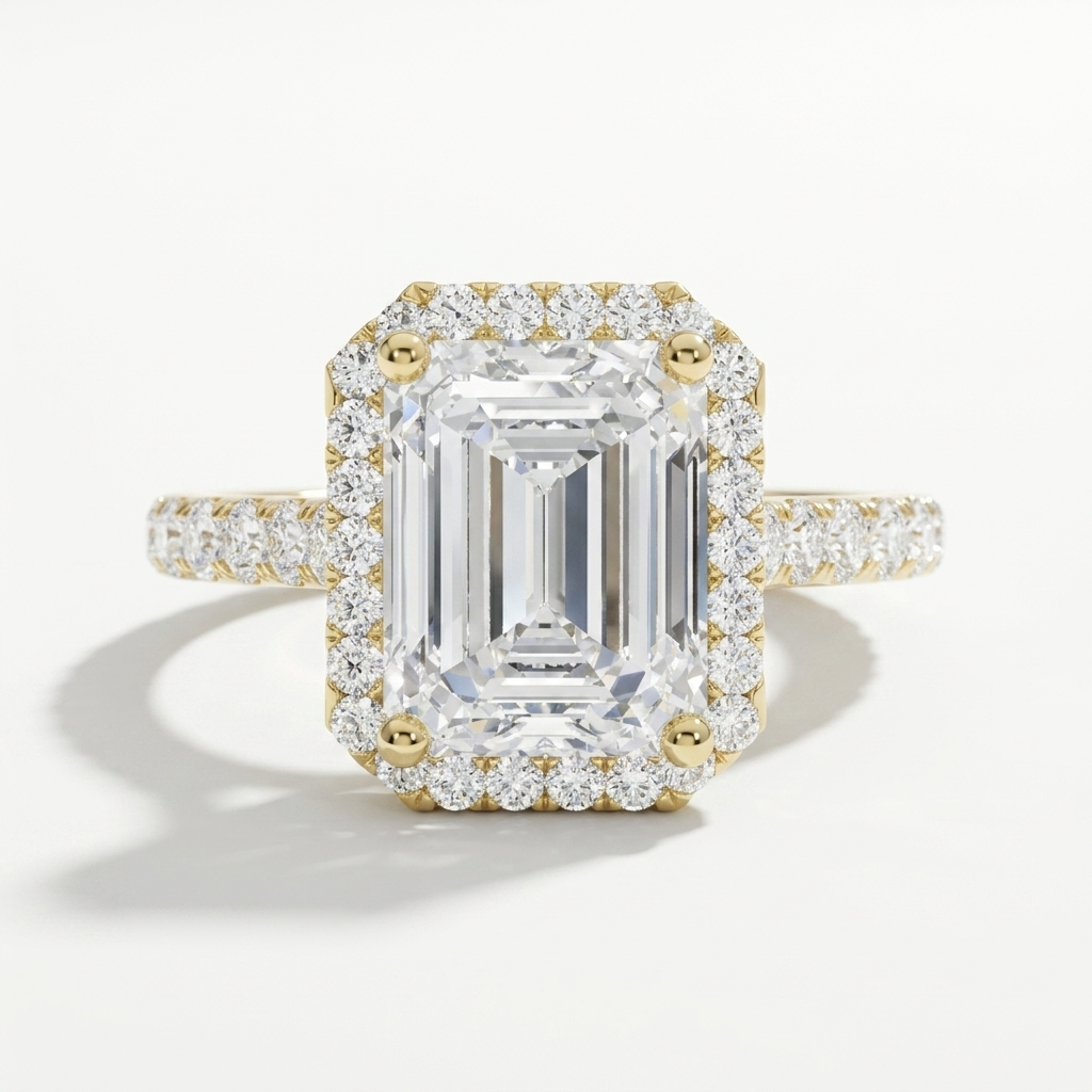 Emerald cut diamond halo engagement ring with a diamond accented band