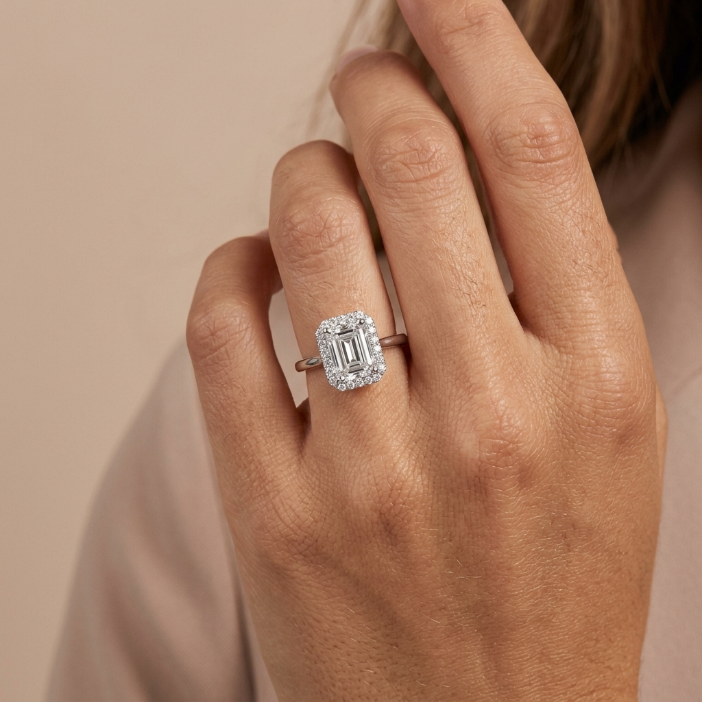 Emerald cut diamond double halo engagement ring, alternate view