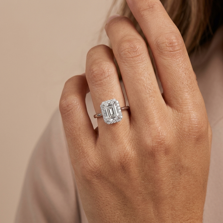 Emerald cut diamond double halo engagement ring, alternate view