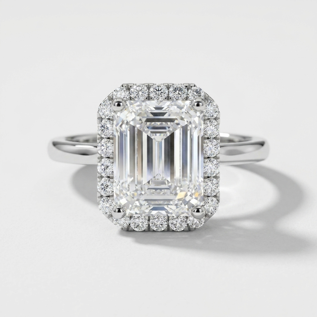 Emerald cut diamond double halo engagement ring on a split shank diamond band
