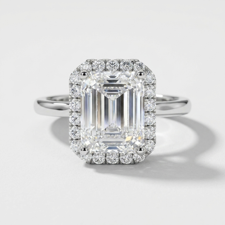 Emerald cut diamond double halo engagement ring on a split shank diamond band