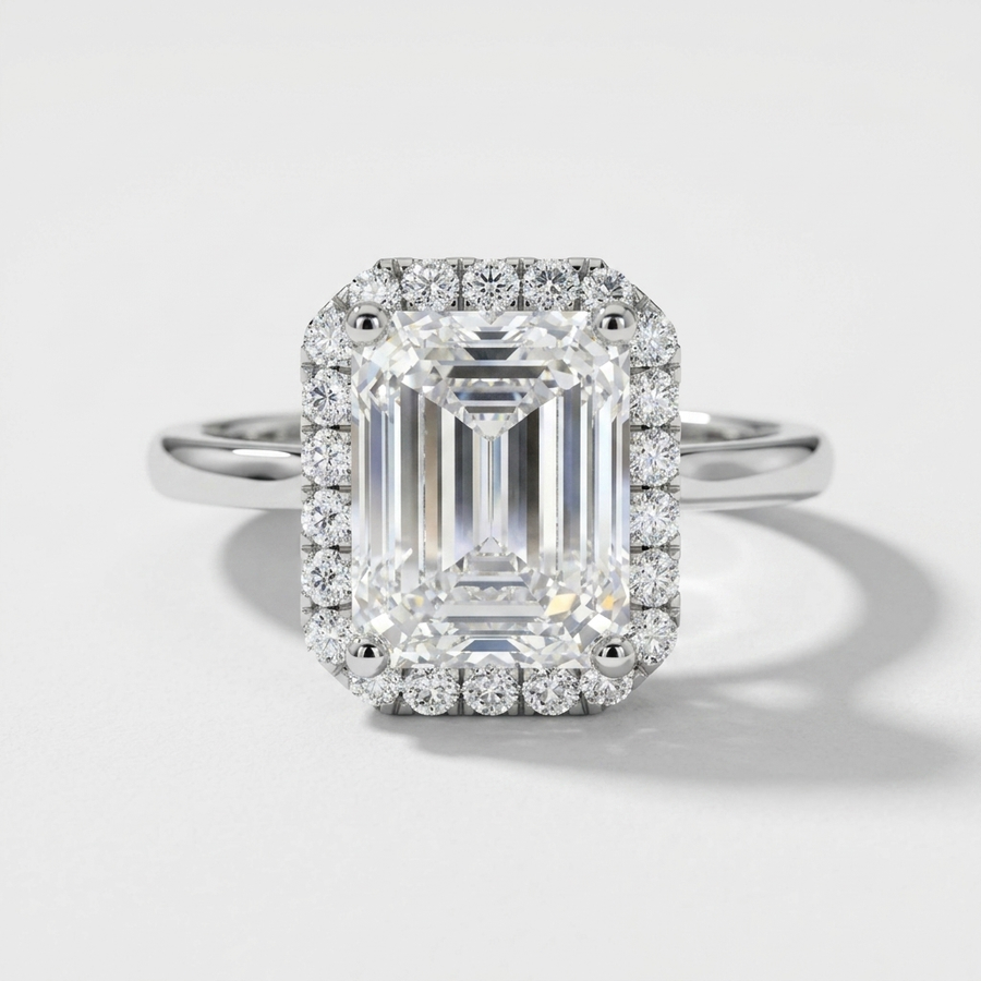 Emerald cut diamond double halo engagement ring on a split shank diamond band