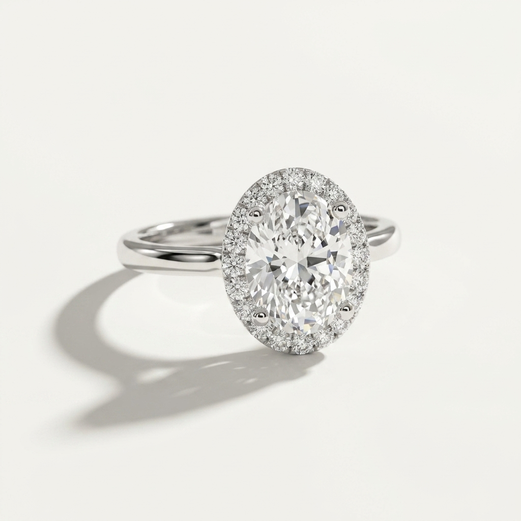 Oval diamond halo engagement ring, detail view