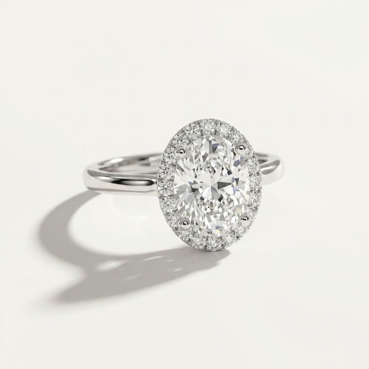 Oval diamond halo engagement ring, detail view