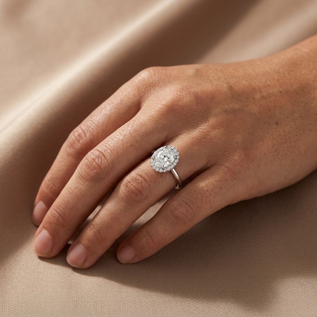 Oval diamond halo engagement ring, additional view