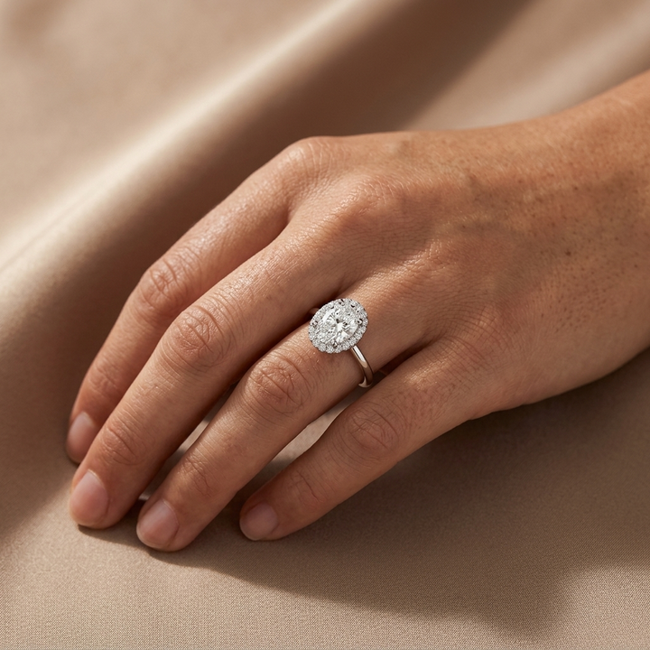 Oval diamond halo engagement ring, additional view