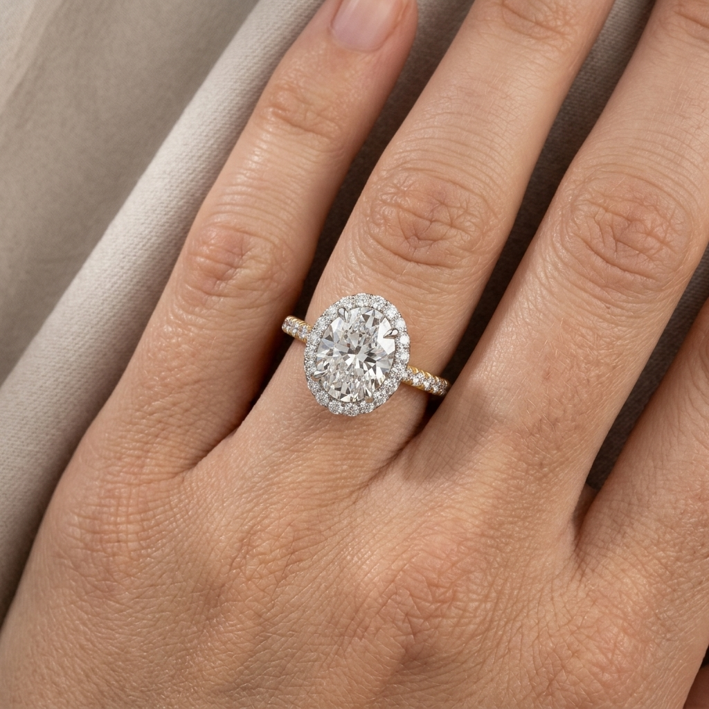 Oval halo diamond accent engagement ring, alternate view