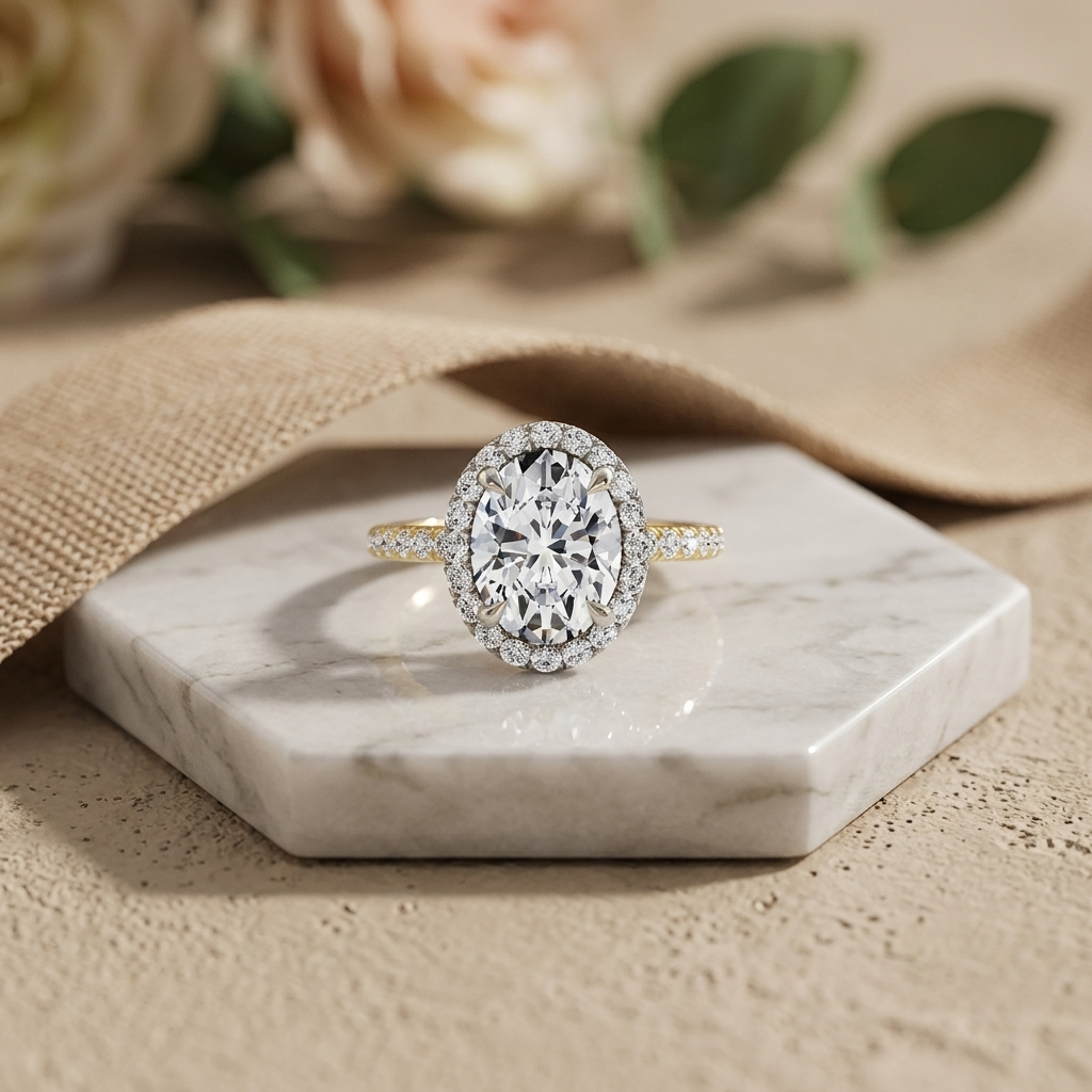 Oval halo diamond accent engagement ring, detail view