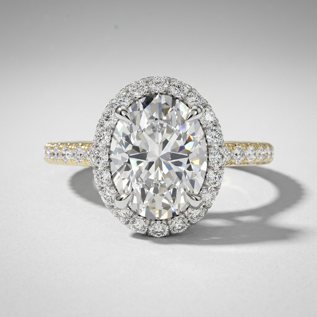 Oval diamond halo engagement ring with a diamond set band