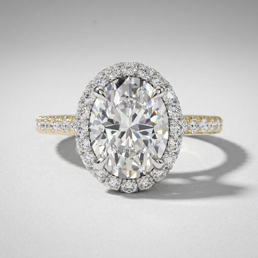 Oval diamond halo engagement ring with a diamond set band