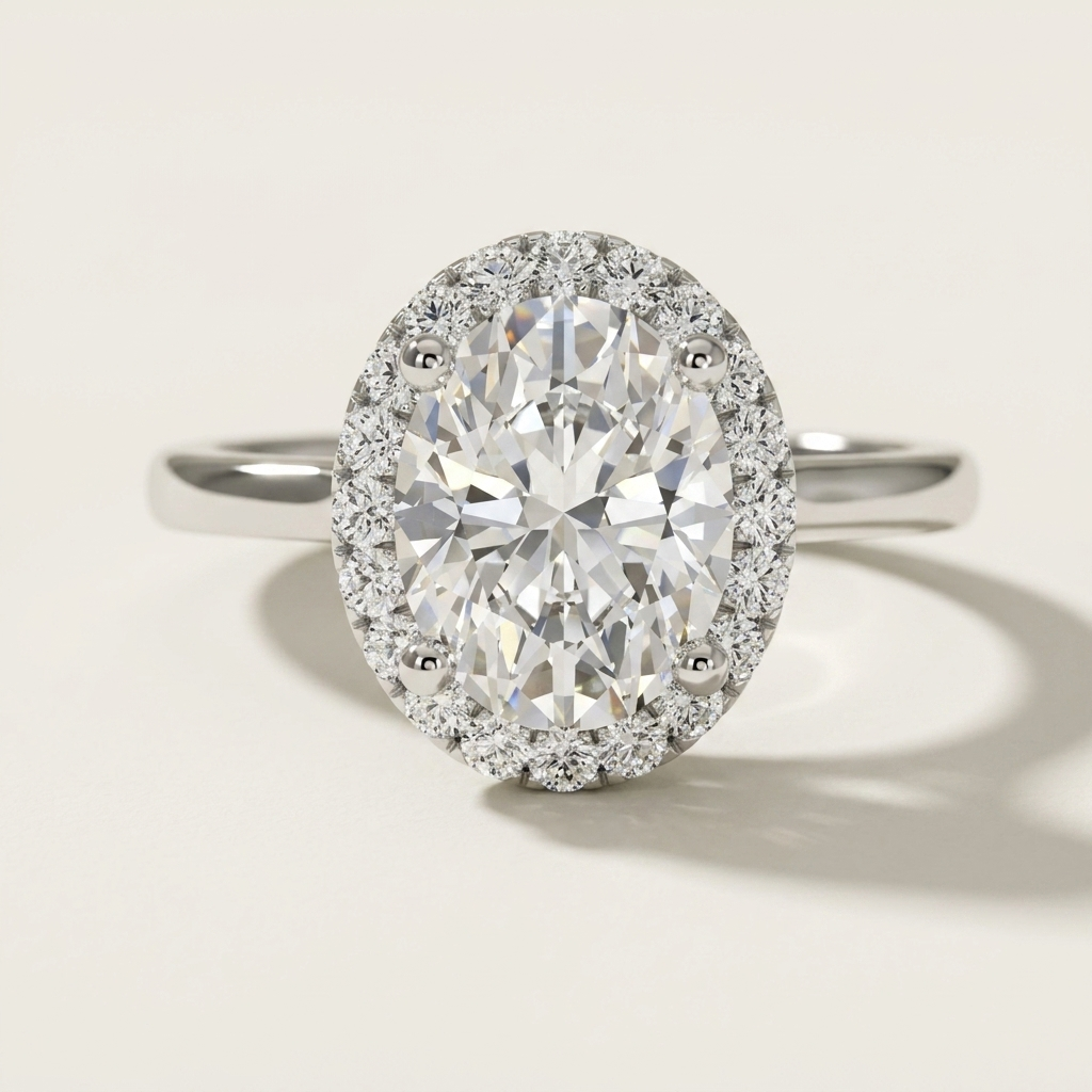 Oval diamond halo engagement ring on a petite band