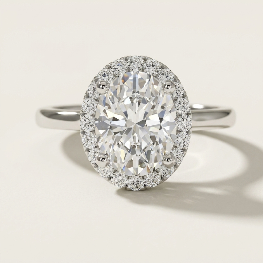 Oval diamond halo engagement ring on a petite band