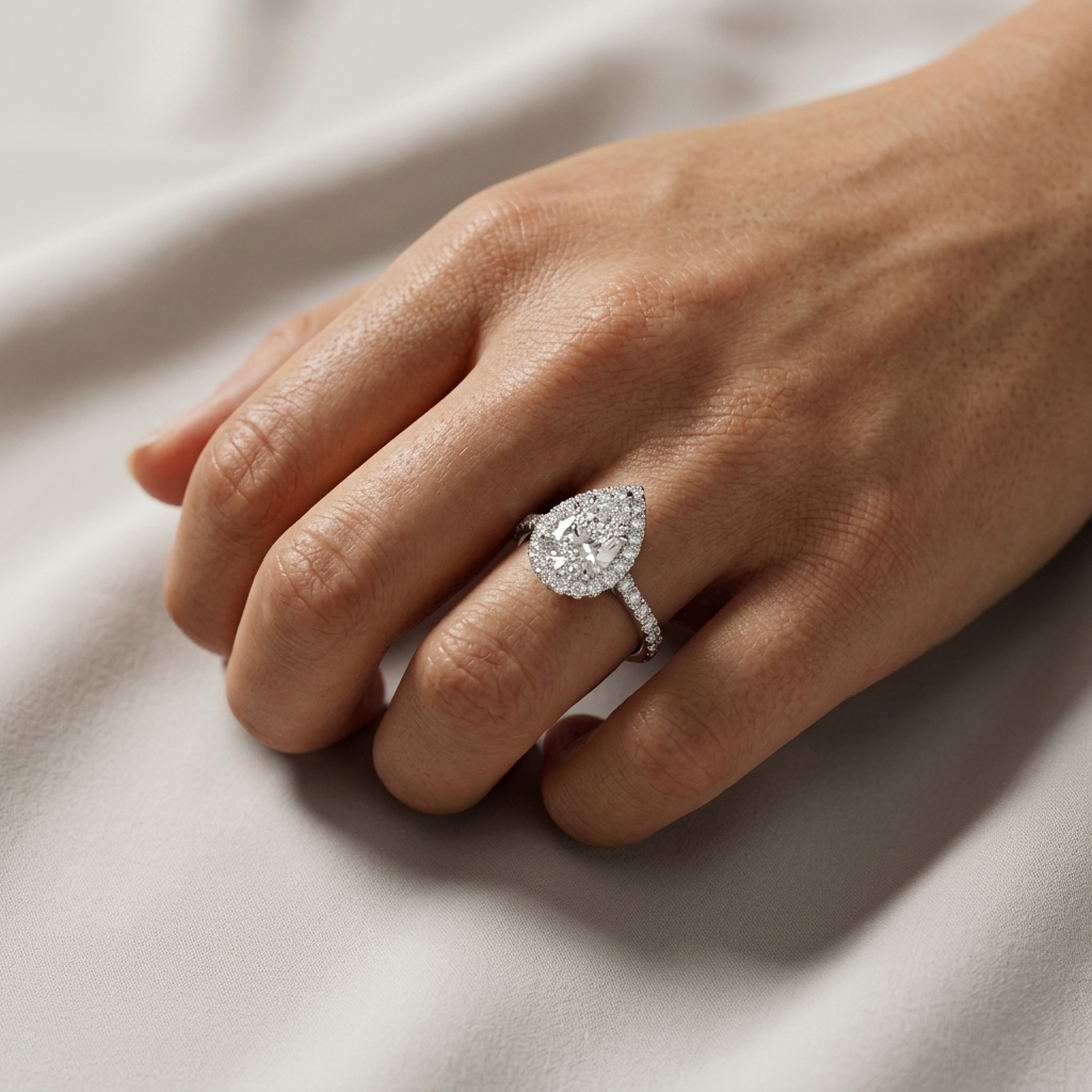 Pear diamond halo engagement ring, detail view