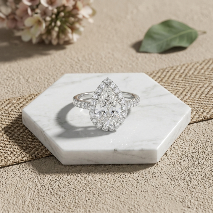 Pear diamond halo engagement ring, additional view
