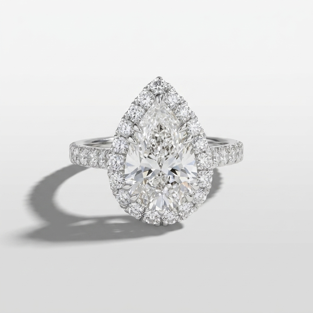 Pear diamond halo engagement ring on a solid band