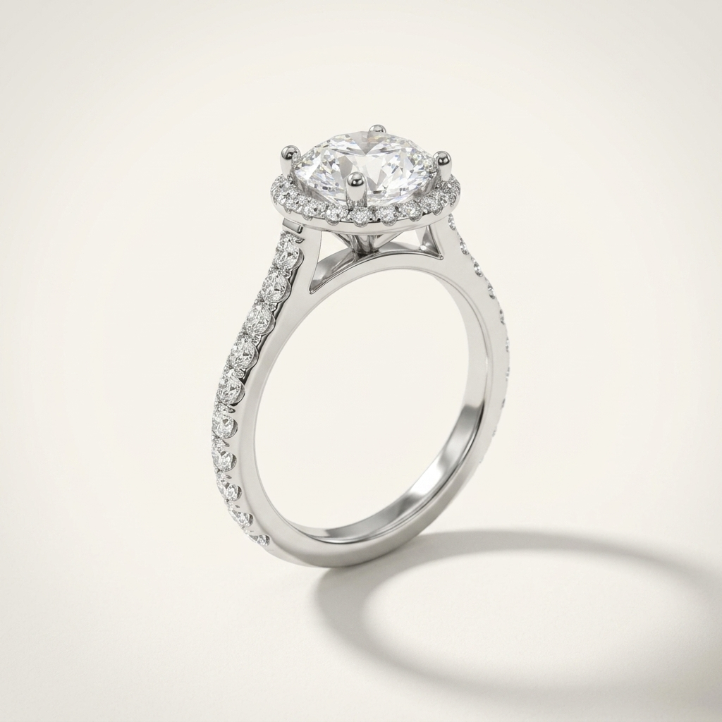 Round diamond halo engagement ring, detail view
