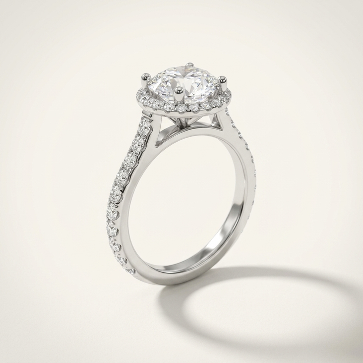 Round diamond halo engagement ring, detail view