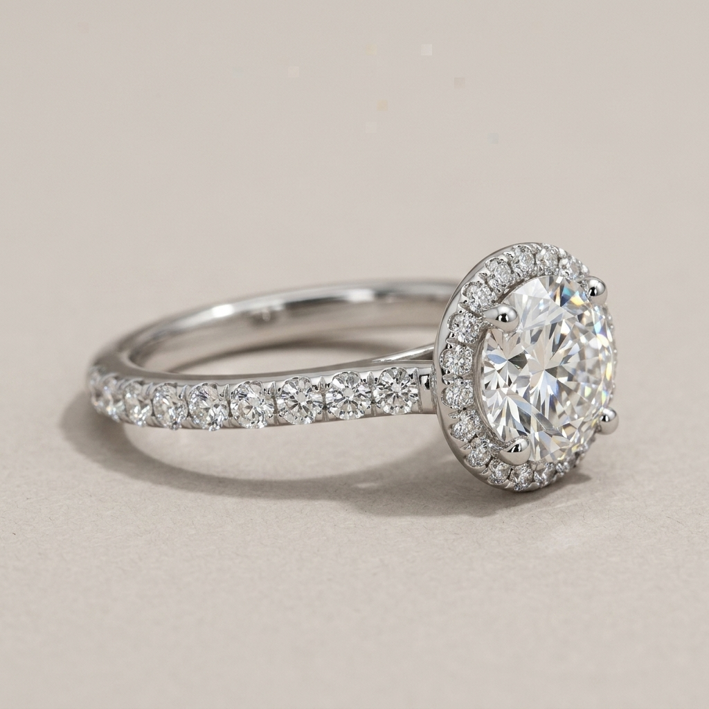 Round diamond halo engagement ring, close-up view