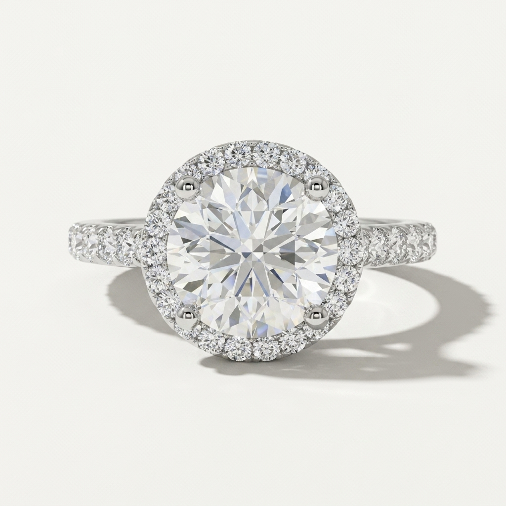 Round diamond halo engagement ring with a delicate diamond band
