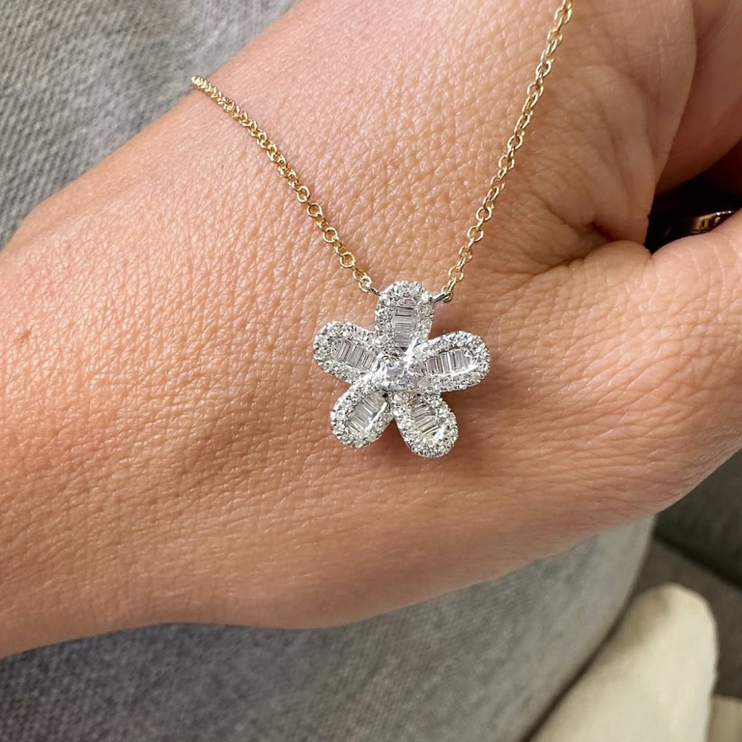 Stunning diamond floral pavé necklace, featuring a delicate floral design with sparkling pavé-set diamonds, offering a luxurious and elegant piece that adds timeless beauty to any ensemble.