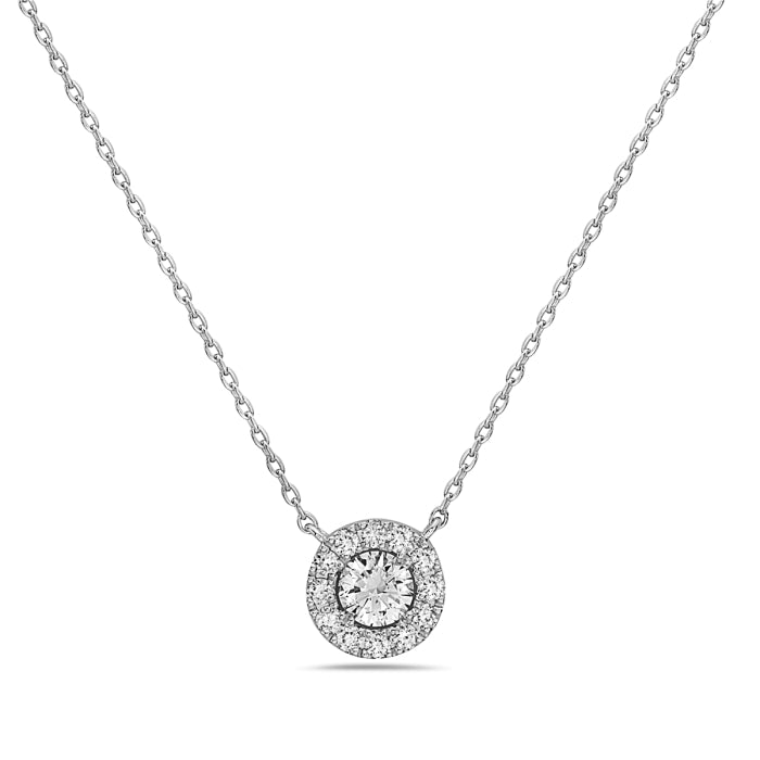 Elegant round diamond halo necklace featuring a brilliant round-cut diamond encircled by a shimmering halo, creating a timeless and sophisticated look.