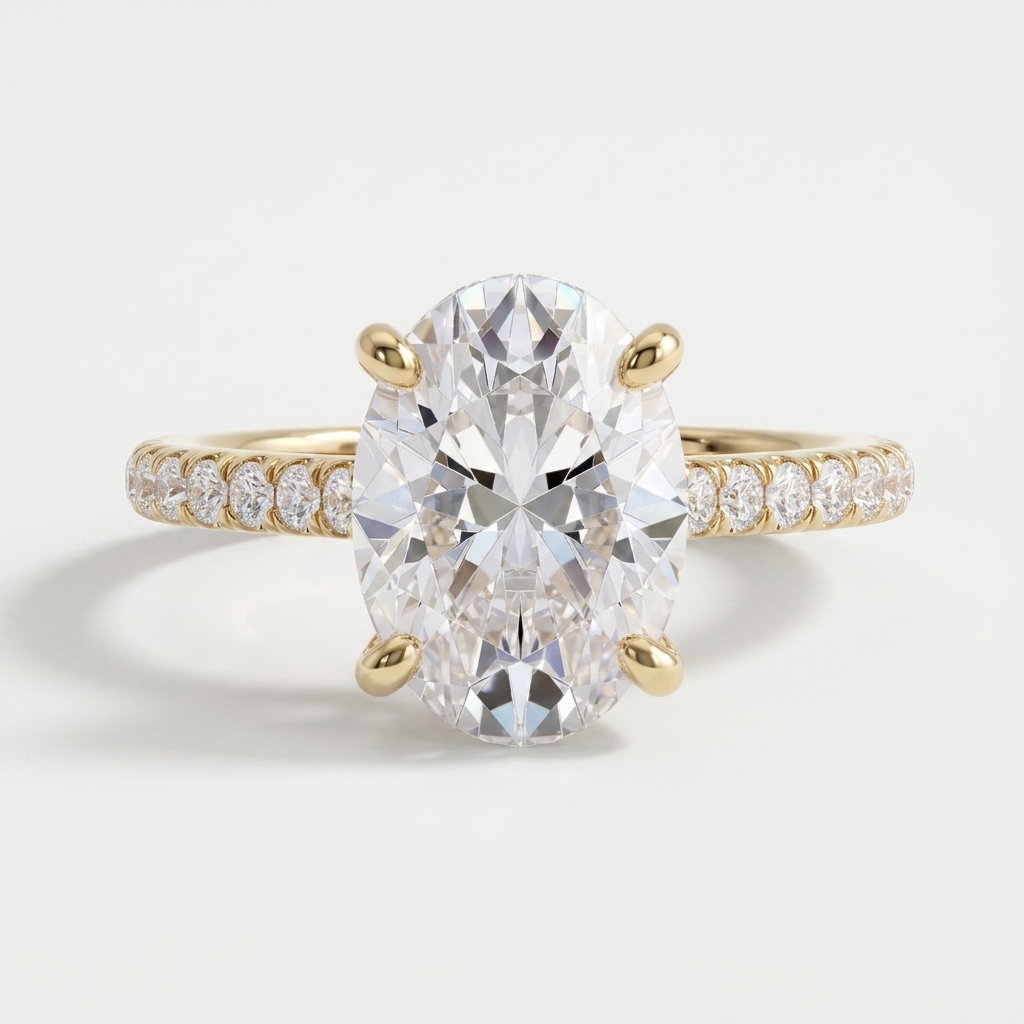 Oval diamond engagement ring on a petite diamond set band