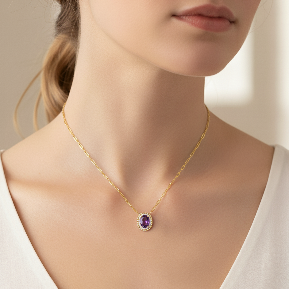 Oval Amethyst & Diamond Necklace