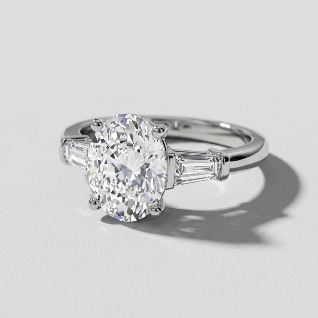 Oval and baguette three stone engagement ring, detail view