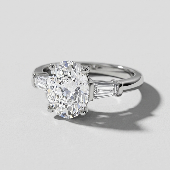 Oval and baguette three stone engagement ring, detail view