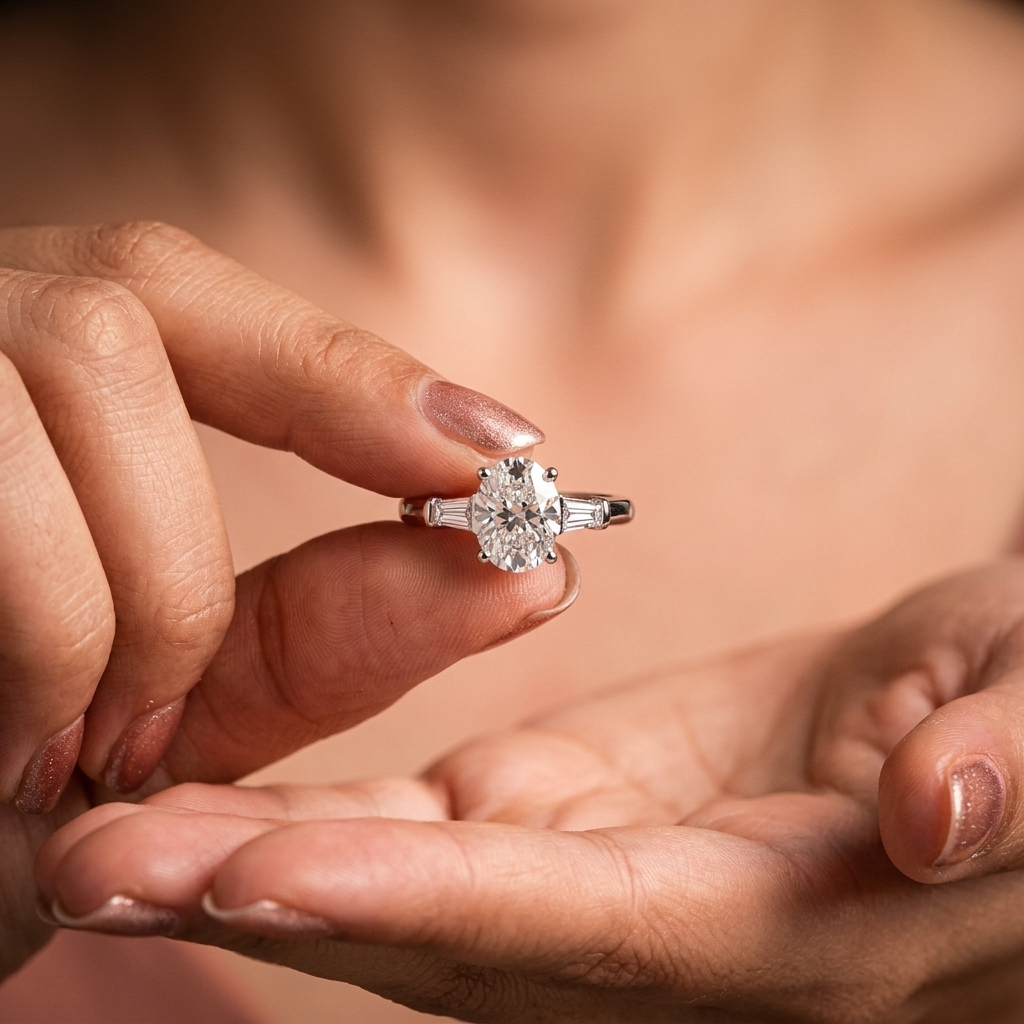 Oval and baguette three stone engagement ring, additional view