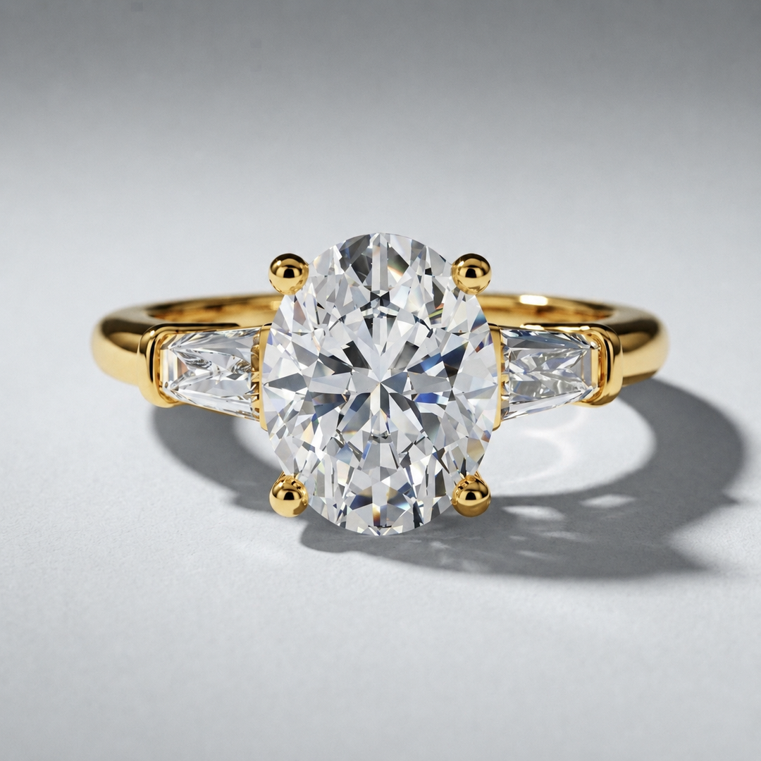 Oval and baguette three stone engagement ring, alternate view