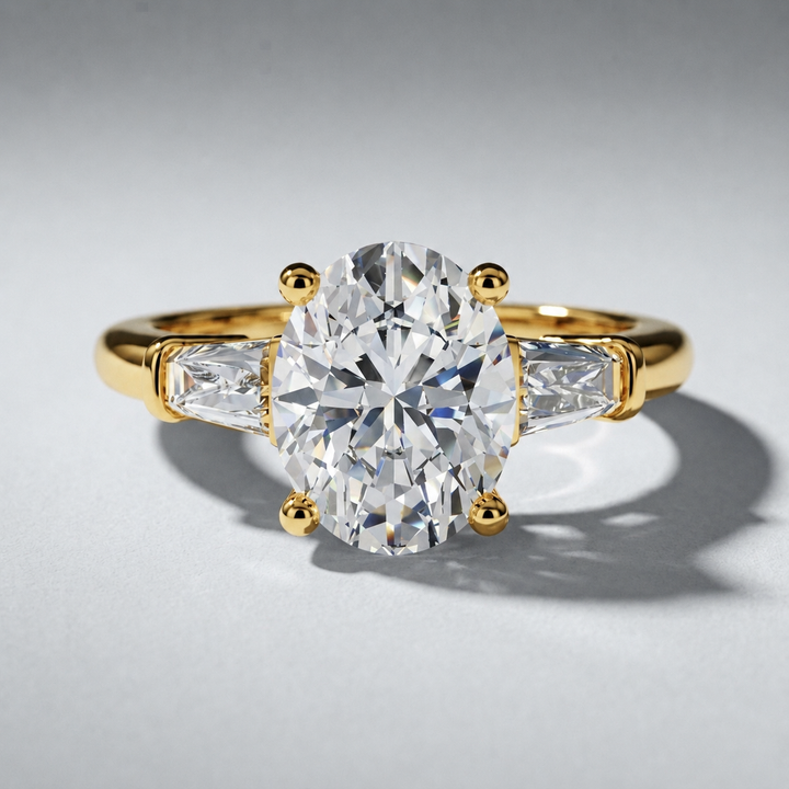 Oval and baguette three stone engagement ring, alternate view
