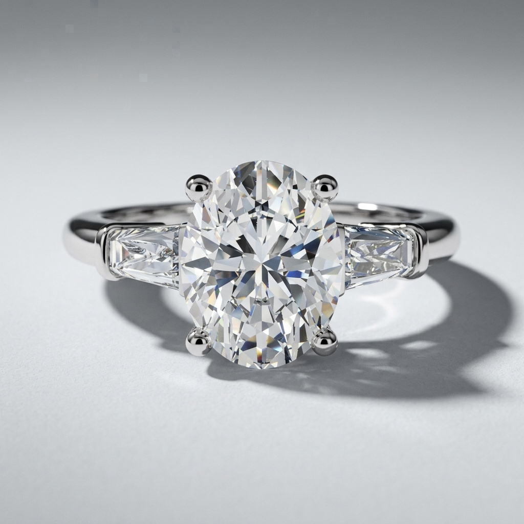 Three stone engagement ring with oval center diamond and tapered baguette sides