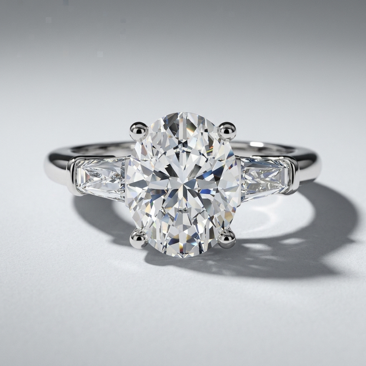 Three stone engagement ring with oval center diamond and tapered baguette sides
