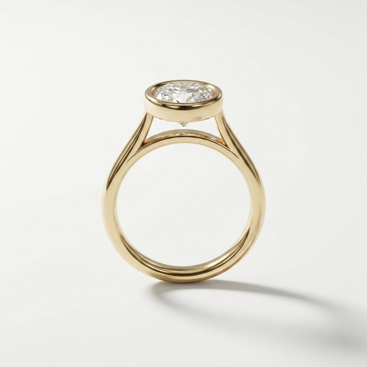 A yellow gold solitaire bezel set engagement ring with a round brilliant-cut diamond, shown on a clean white background with a soft shadow.