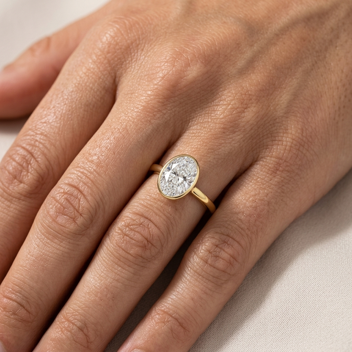 A close-up of a hand wearing a yellow gold ring with an oval-cut Bezel set diamond, set against a neutral light background.