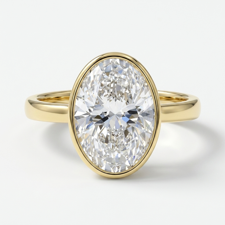 A yellow gold ring featuring a large oval-cut diamond in a bezel setting, shown on a clean white background.