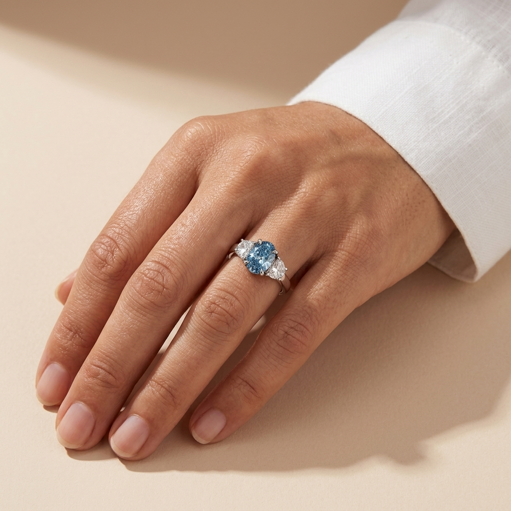 Blue Oval Diamond & Halfmoon Lab Grown Ring