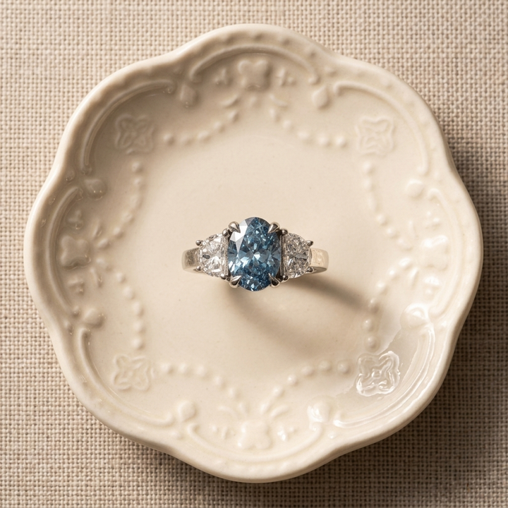 Blue Oval Diamond & Halfmoon Lab Grown Ring