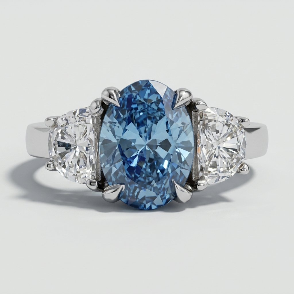 Blue Oval Diamond & Halfmoon Lab Grown Ring