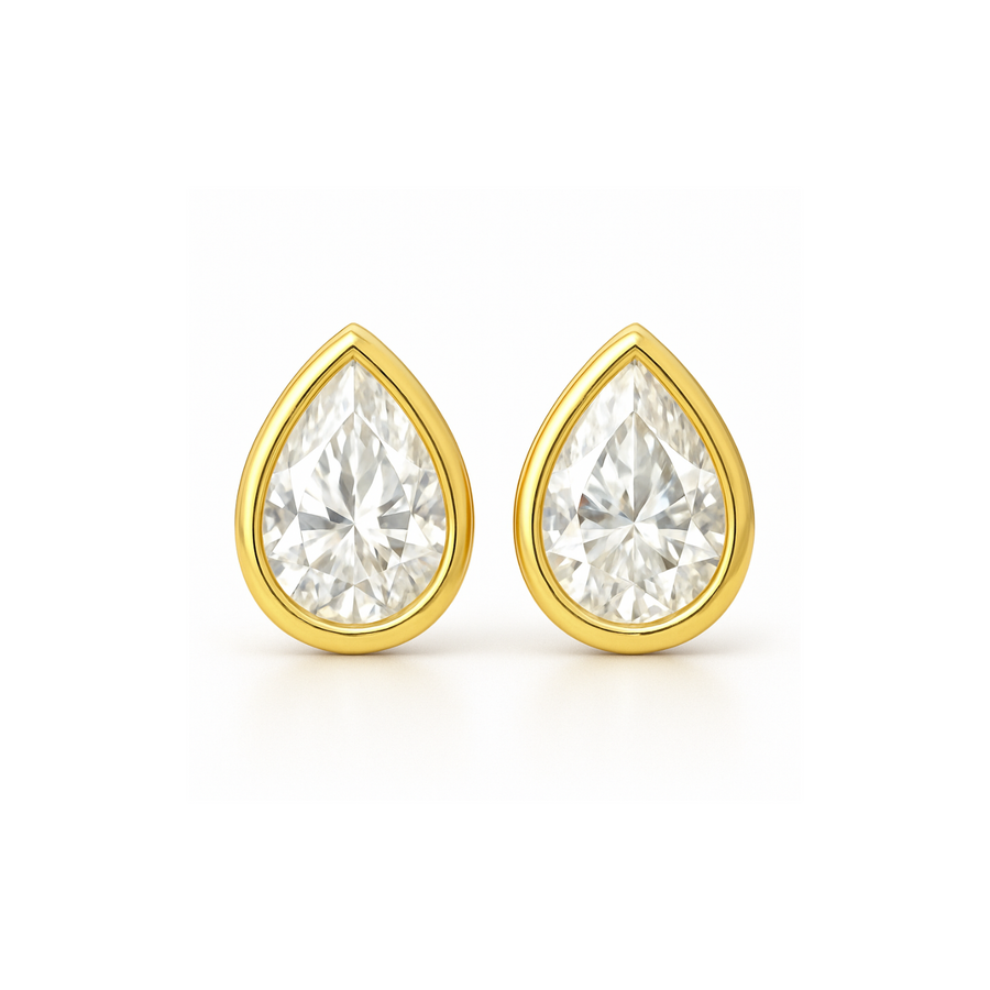 Pear-Shape-Bezel-Set-Yellow-Gold-Stud-Earrings